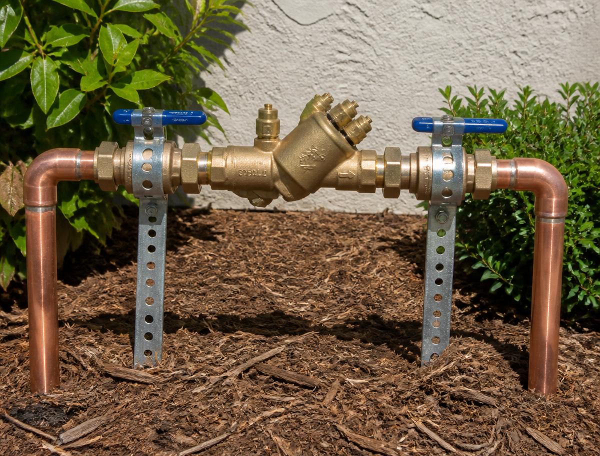Newly installed backflow preventer assembly on a residential irrigation line