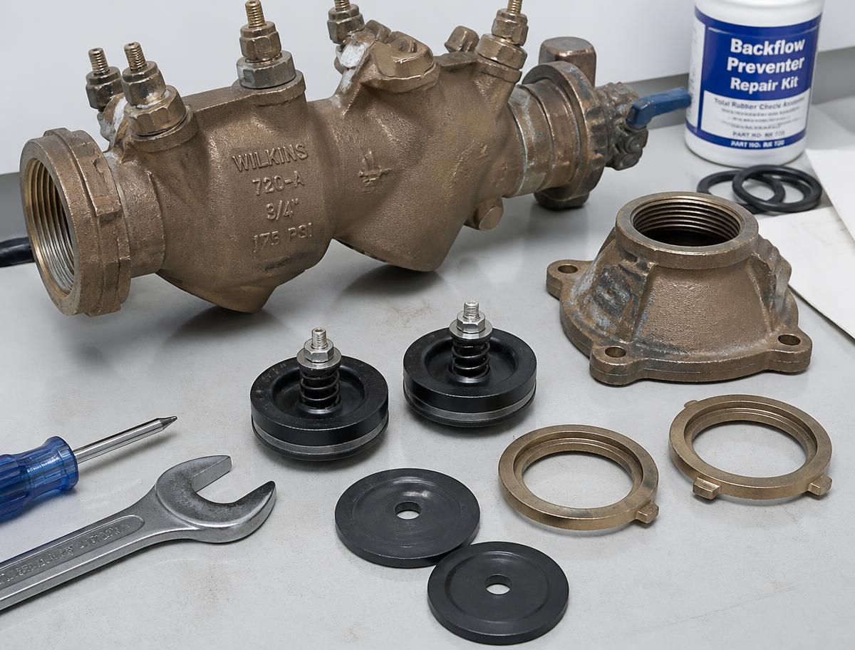 Disassembled backflow preventer with replacement check assembly parts during a backflow repair
